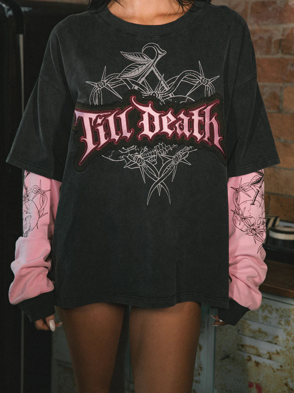 TILL DEATH 4.0 LAYERED TEE - WASHED BLACK/PINK