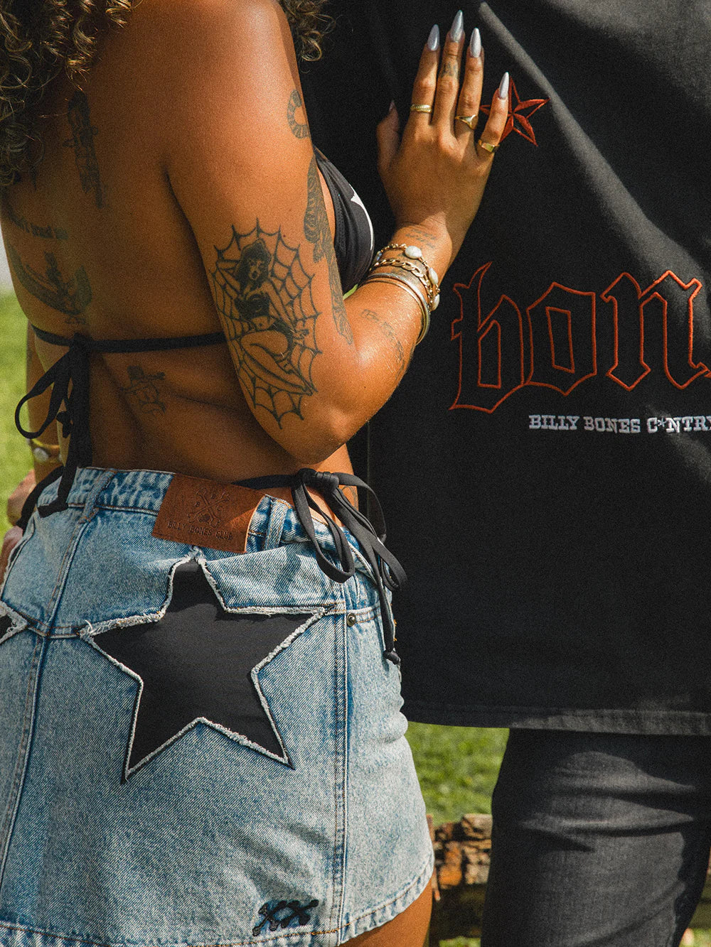 STAR STUDDED DENIM SKIRT - WASHED BLUE