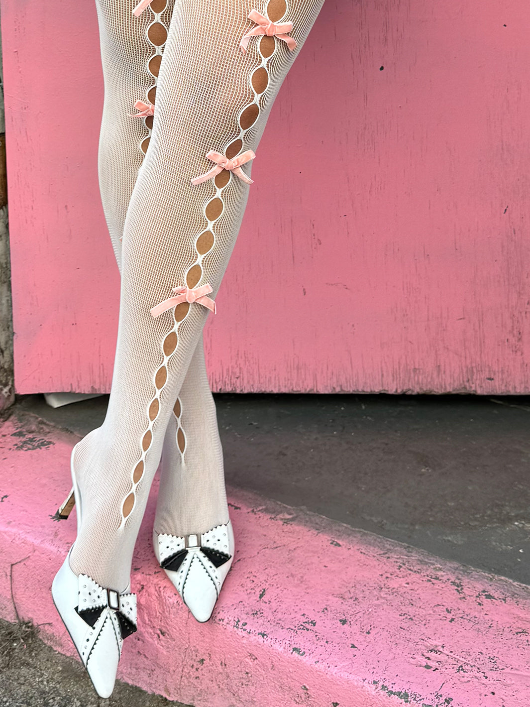 BOW FISHNETS - WHITE/PINK