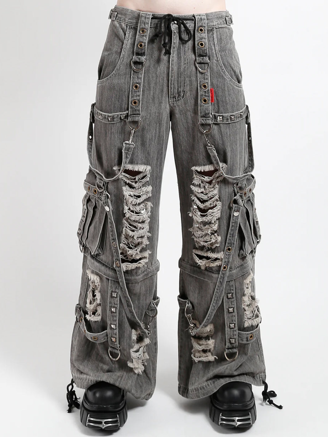 SHREDDER DENIM STRAP PANT - BLACK