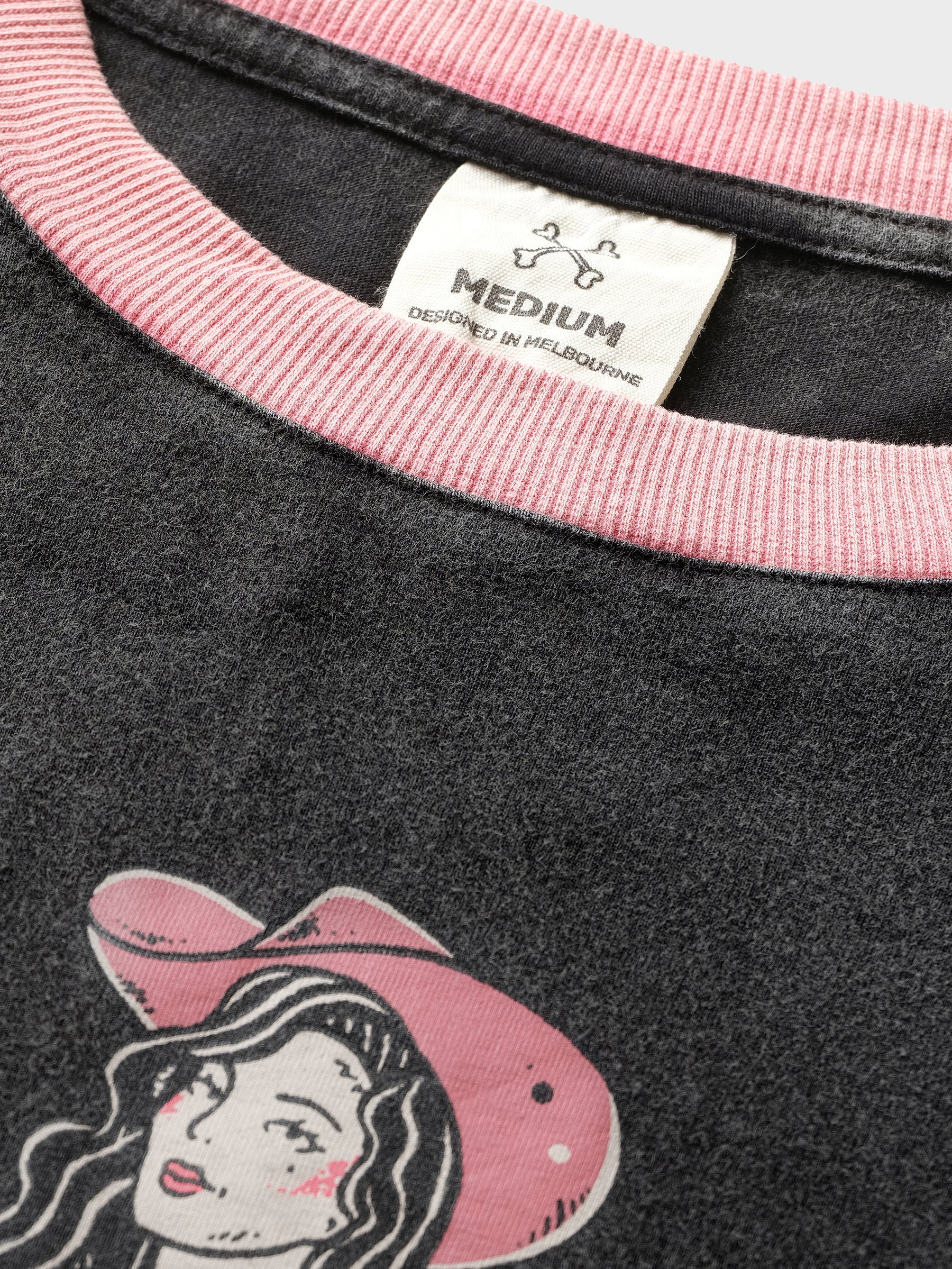 NEON COWGIRL RINGER TEE - WASHED BLACK/PINK