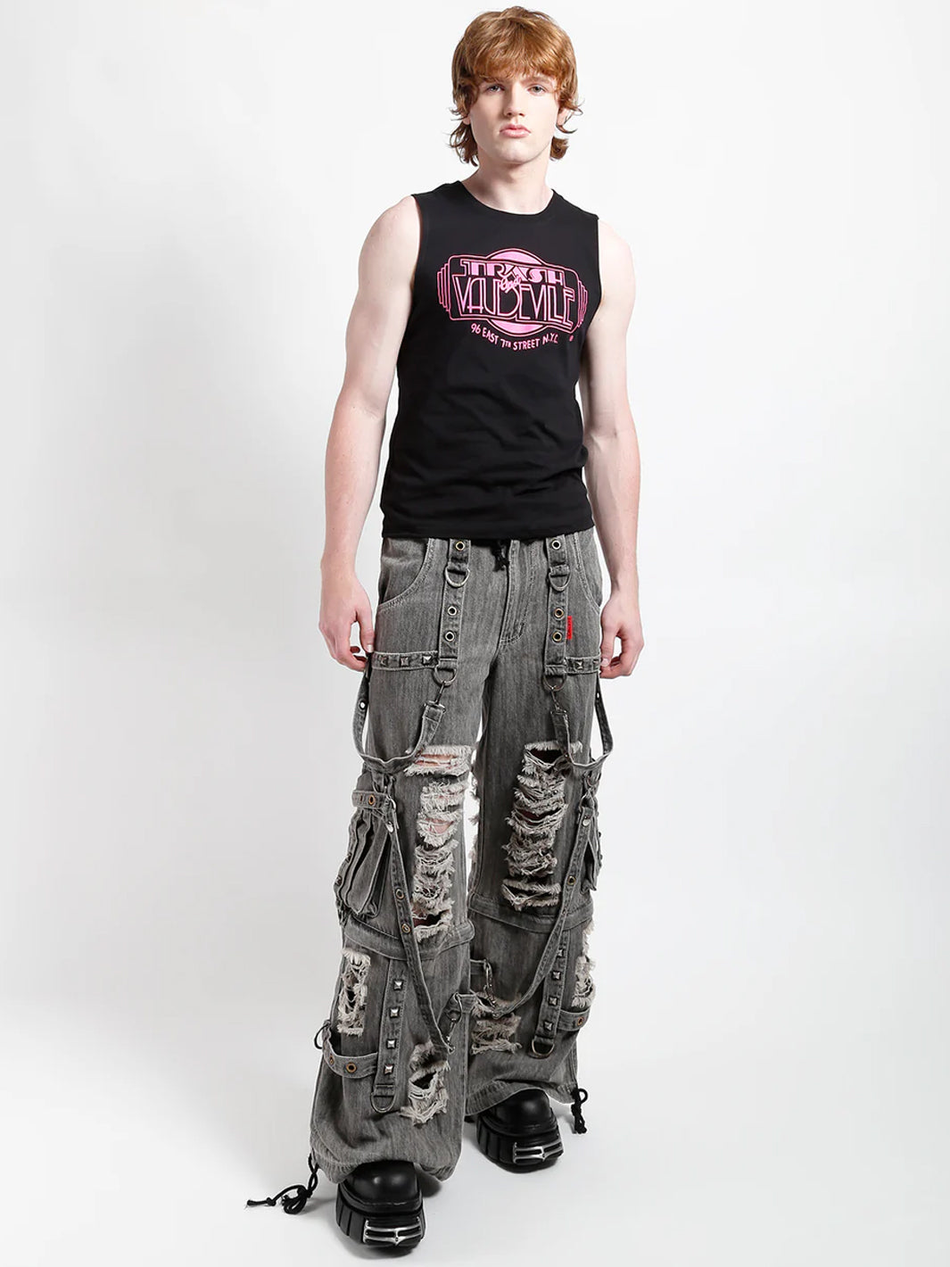 SHREDDER DENIM STRAP PANT - BLACK