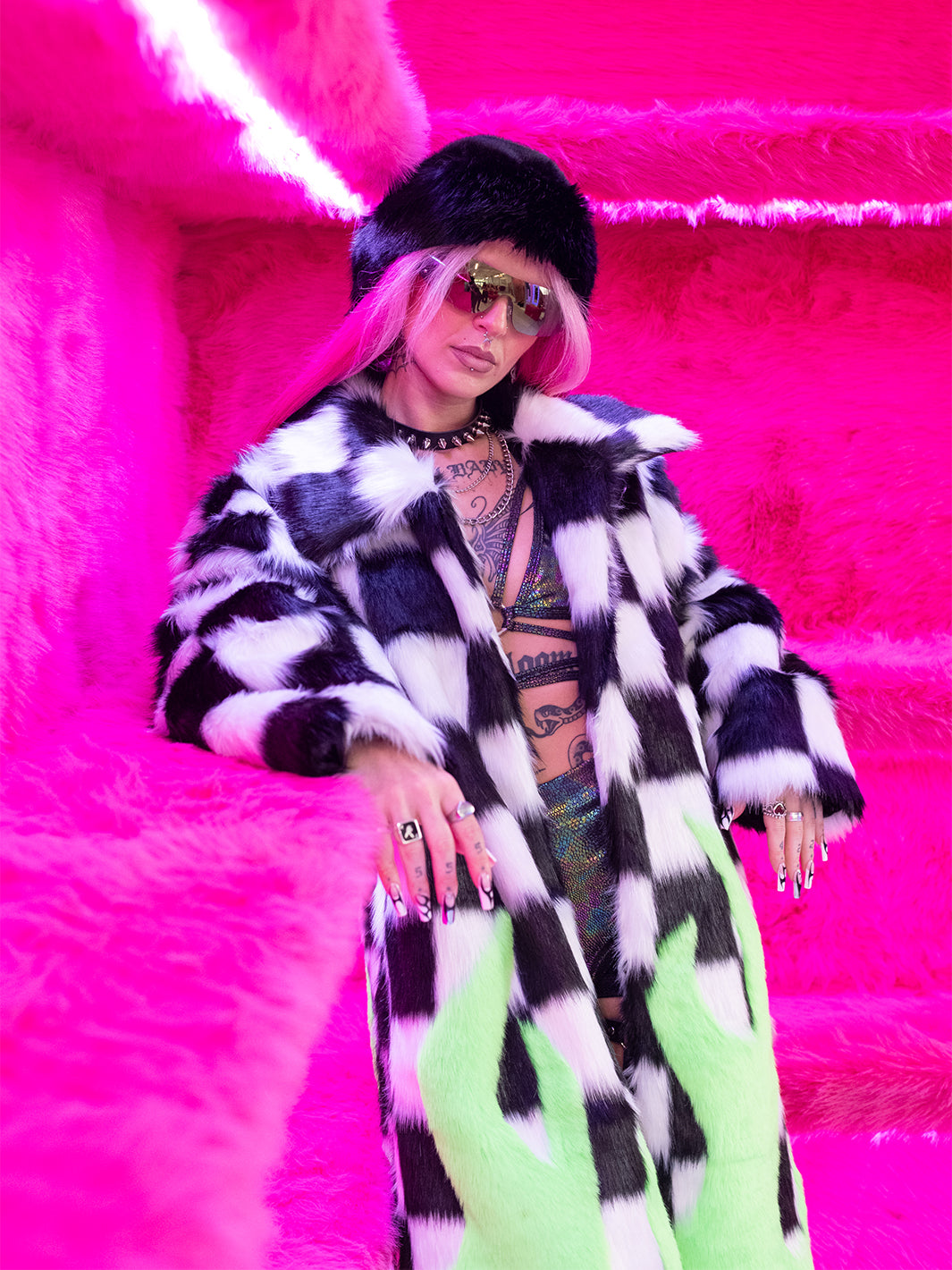 TOO HOT TO HANDLE FAUX FUR JACKET - CHECK/ GREEN FLAME ✰ MADE 4 U ✰