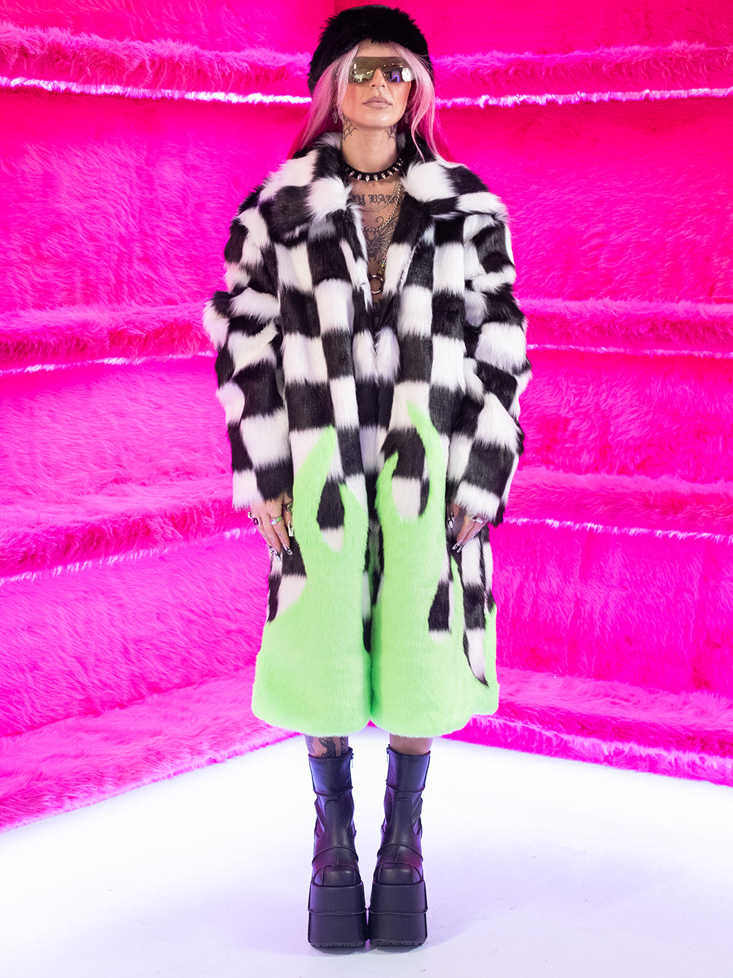 TOO HOT TO HANDLE FAUX FUR JACKET - CHECK/ GREEN FLAME • READY TO SHIP •