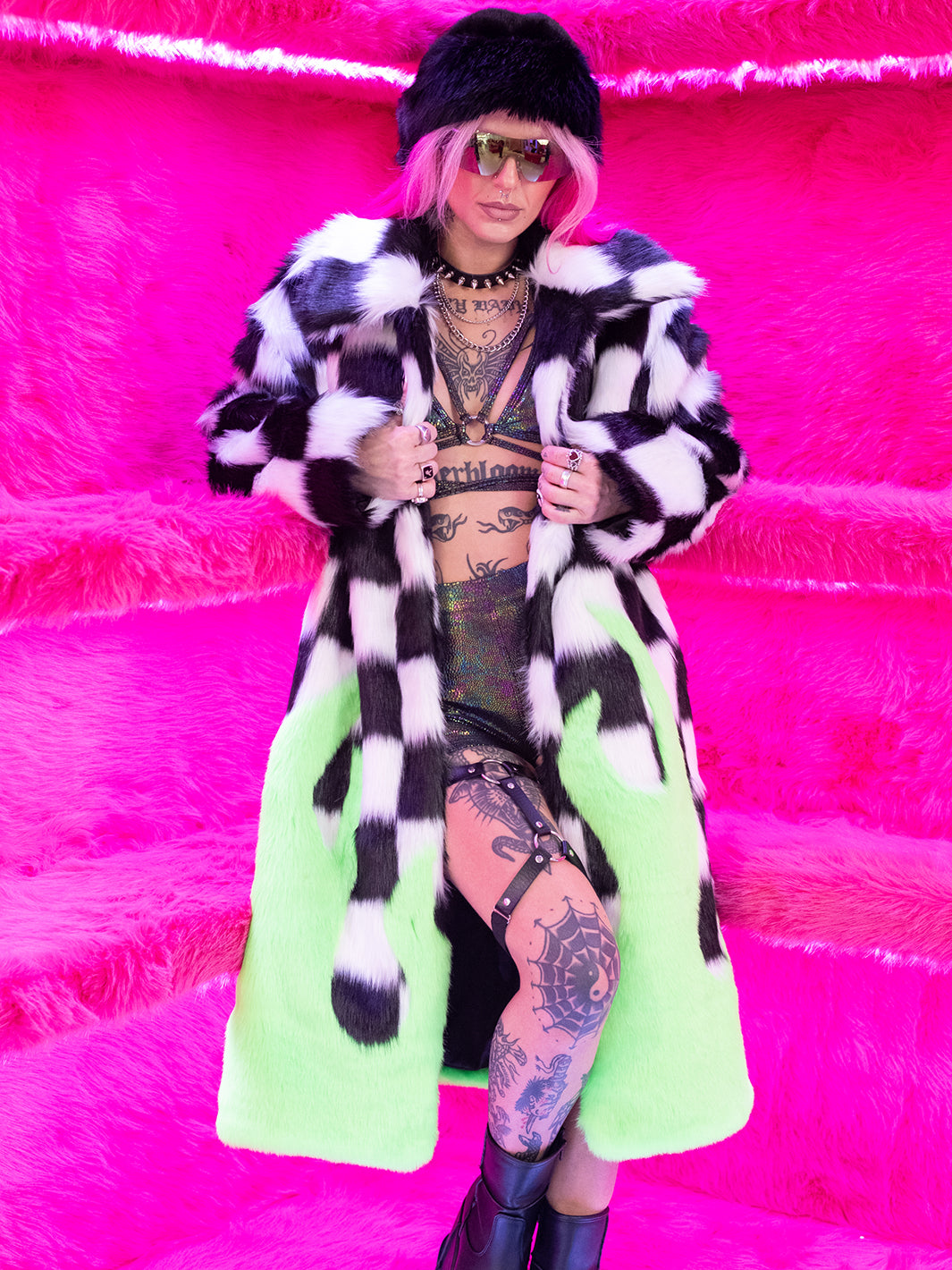 TOO HOT TO HANDLE FAUX FUR JACKET - CHECK/ GREEN FLAME • READY TO SHIP •