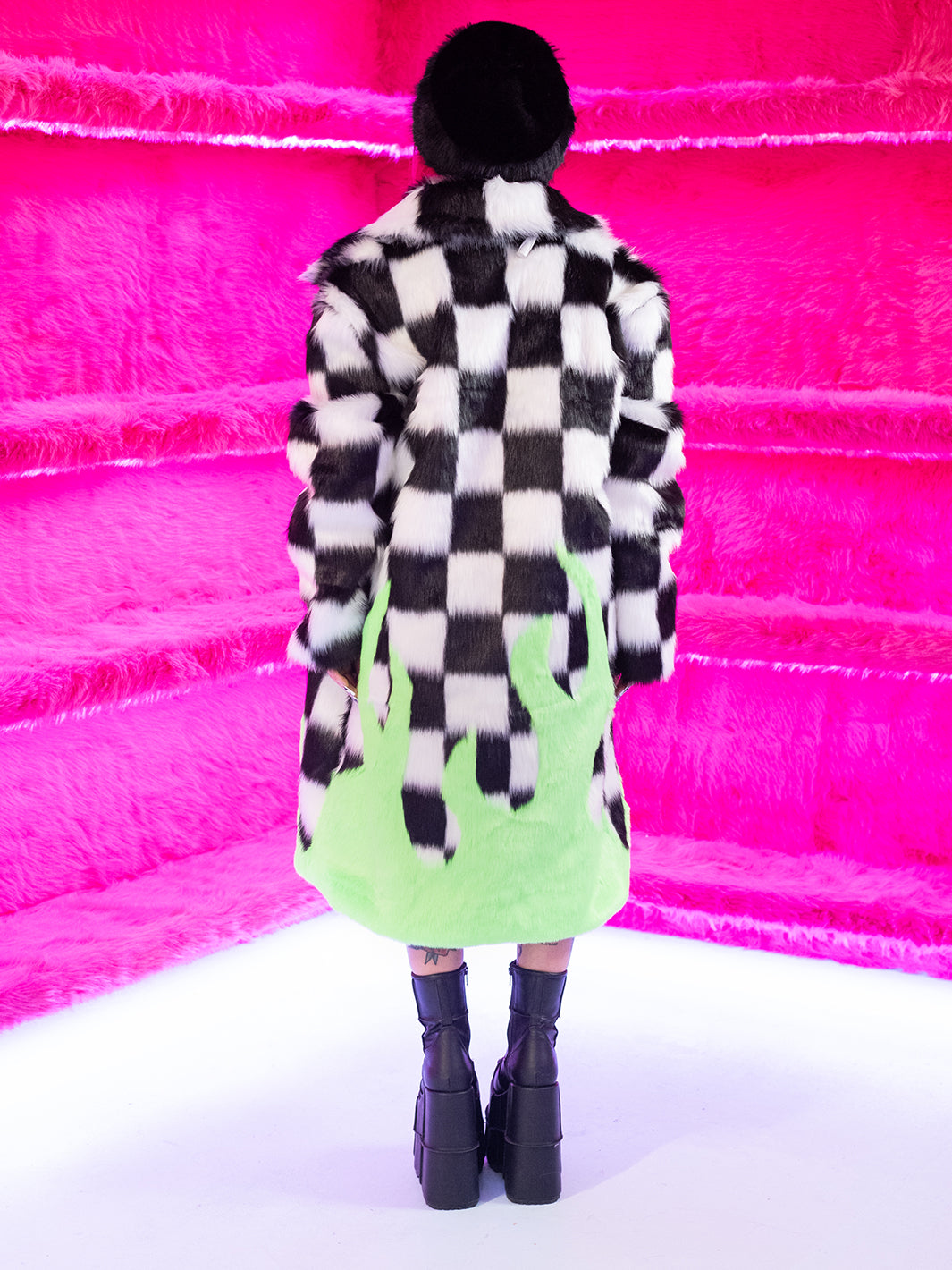 TOO HOT TO HANDLE FAUX FUR JACKET - CHECK/ GREEN FLAME • READY TO SHIP •