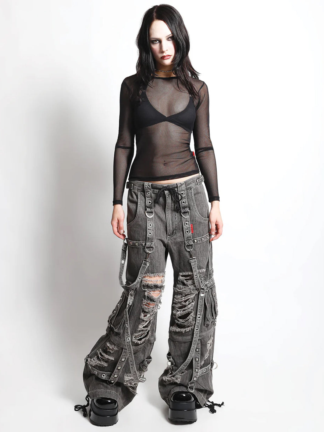 SHREDDER DENIM STRAP PANT - BLACK