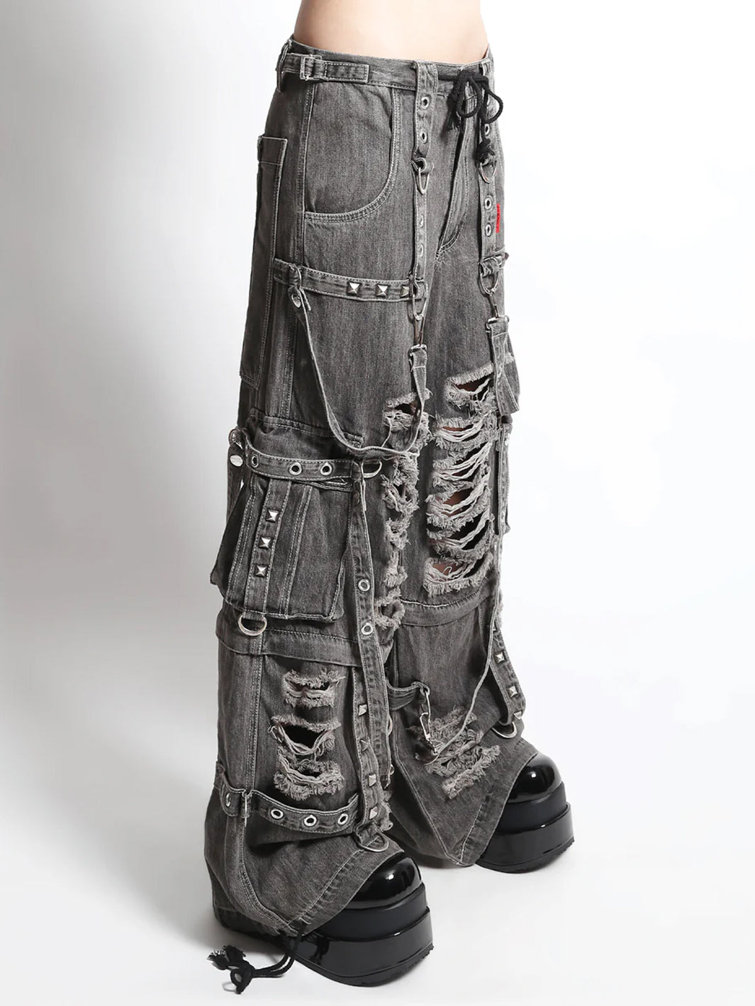 SHREDDER DENIM STRAP PANT - BLACK