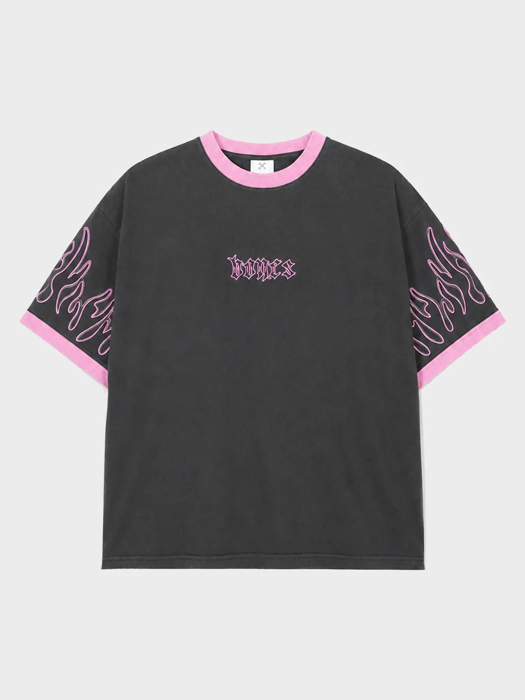FLAMED STEEZE RINGER TEE - WASHED BLACK/PINK