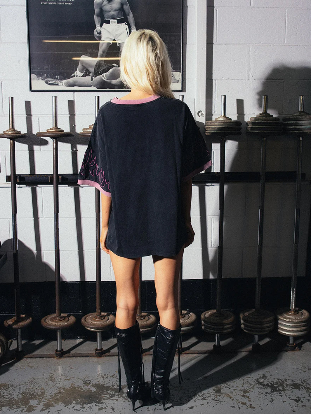FLAMED STEEZE RINGER TEE - WASHED BLACK/PINK