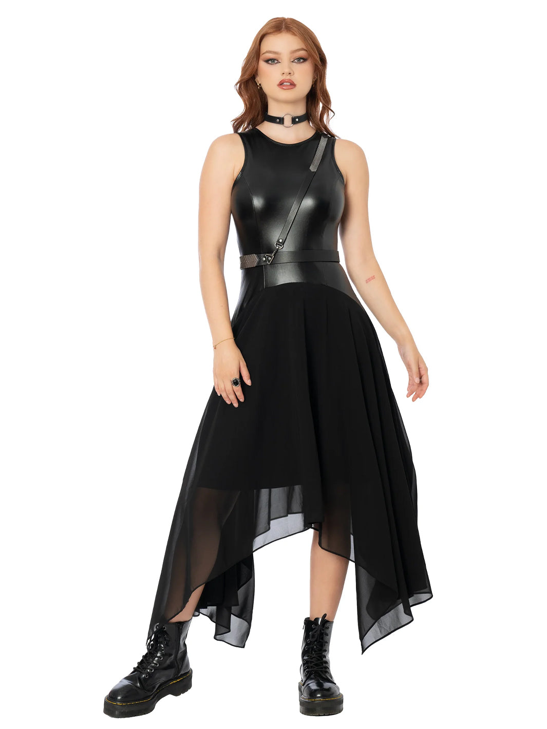 Sheer and Solid Handkerchief Racer Dress - Black