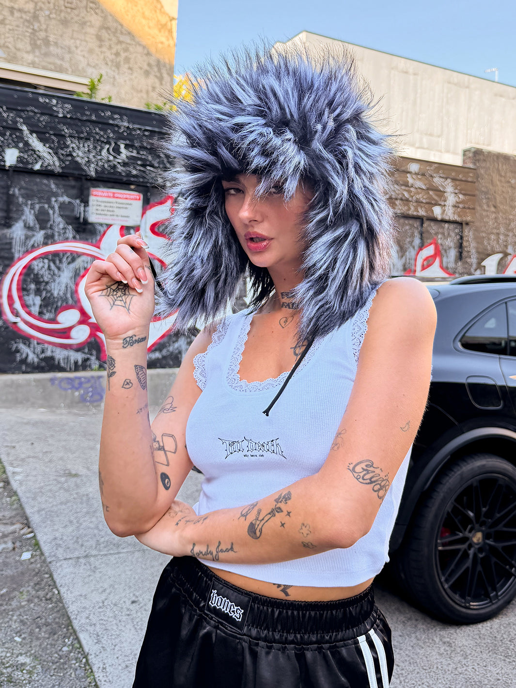 SNOW BRAT FUZZY HAT - BLACK & WHITE