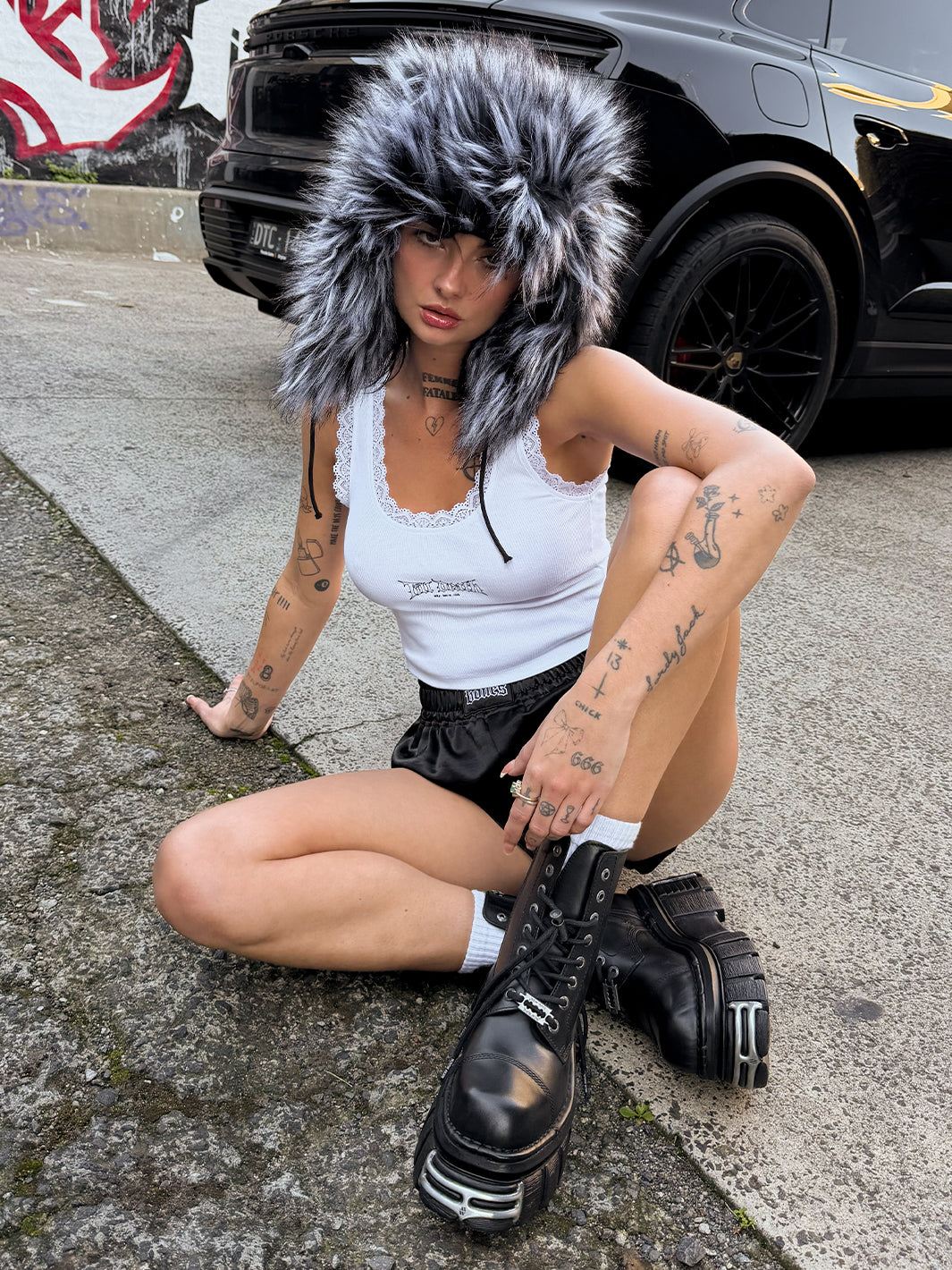 SNOW BRAT FUZZY HAT - BLACK & WHITE