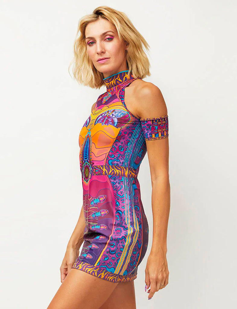 CRYPTIC FREQUENCY OPEN SHOULDER DRESS