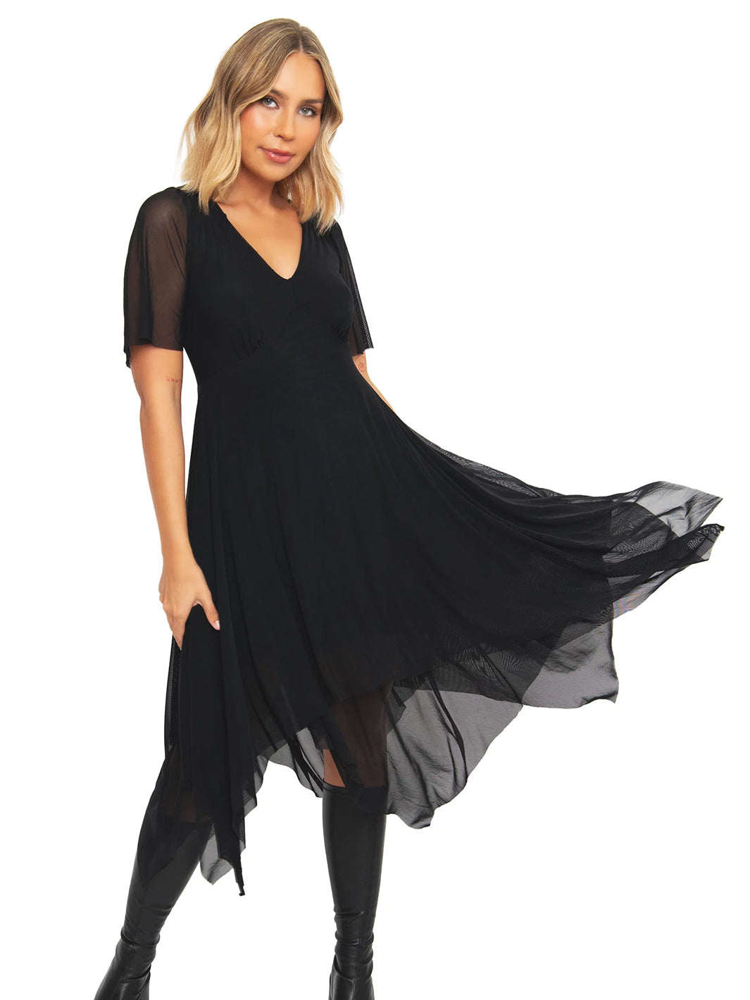 Handkerchief Short Sleeve Dress - Black