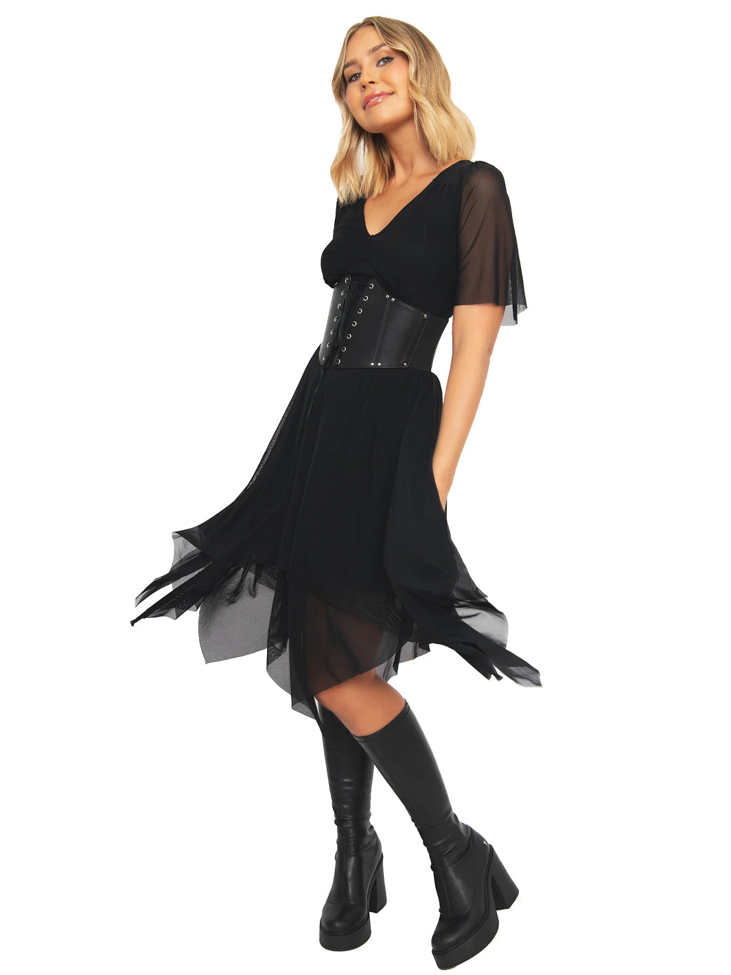Handkerchief Short Sleeve Dress - Black