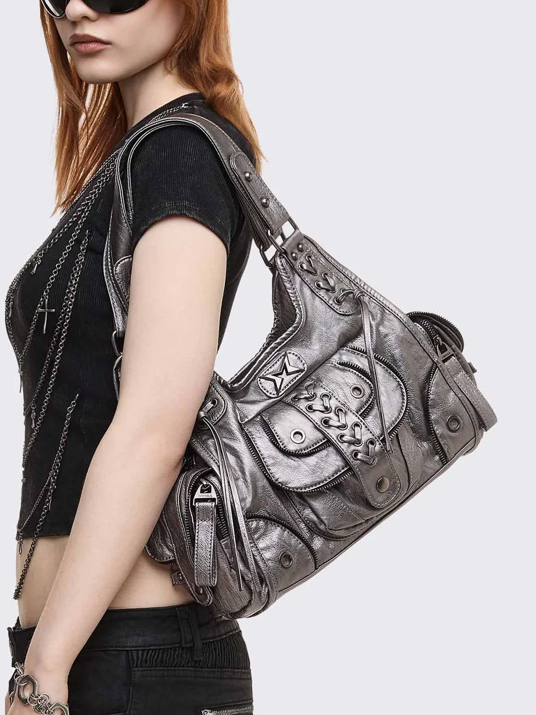 JULES SILVER FAUX LEATHER SHOULDER BAG