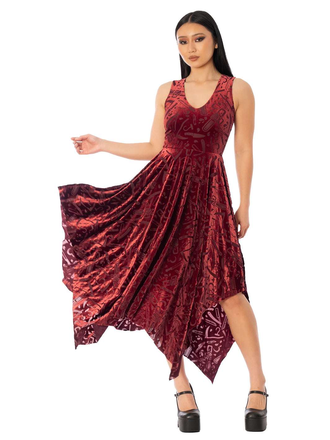 Slasher Burned Velvet V Neck Handkerchief Dress