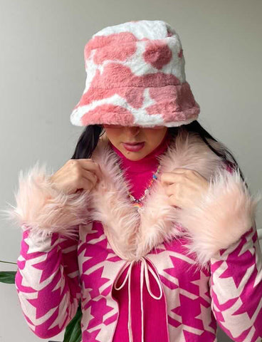 COW PRINT FUZZY HAT - BABY PINK