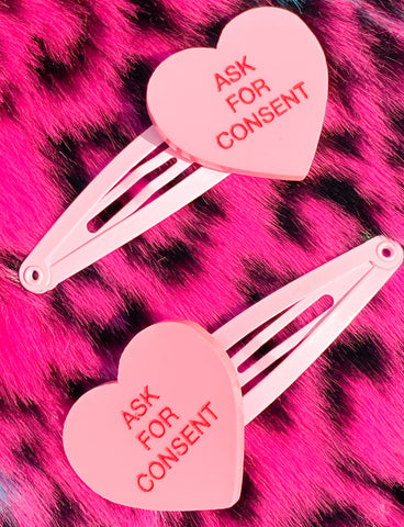 ASK FOR CONSENT GENTLE REMINDER HAIR CLIPS - PINK