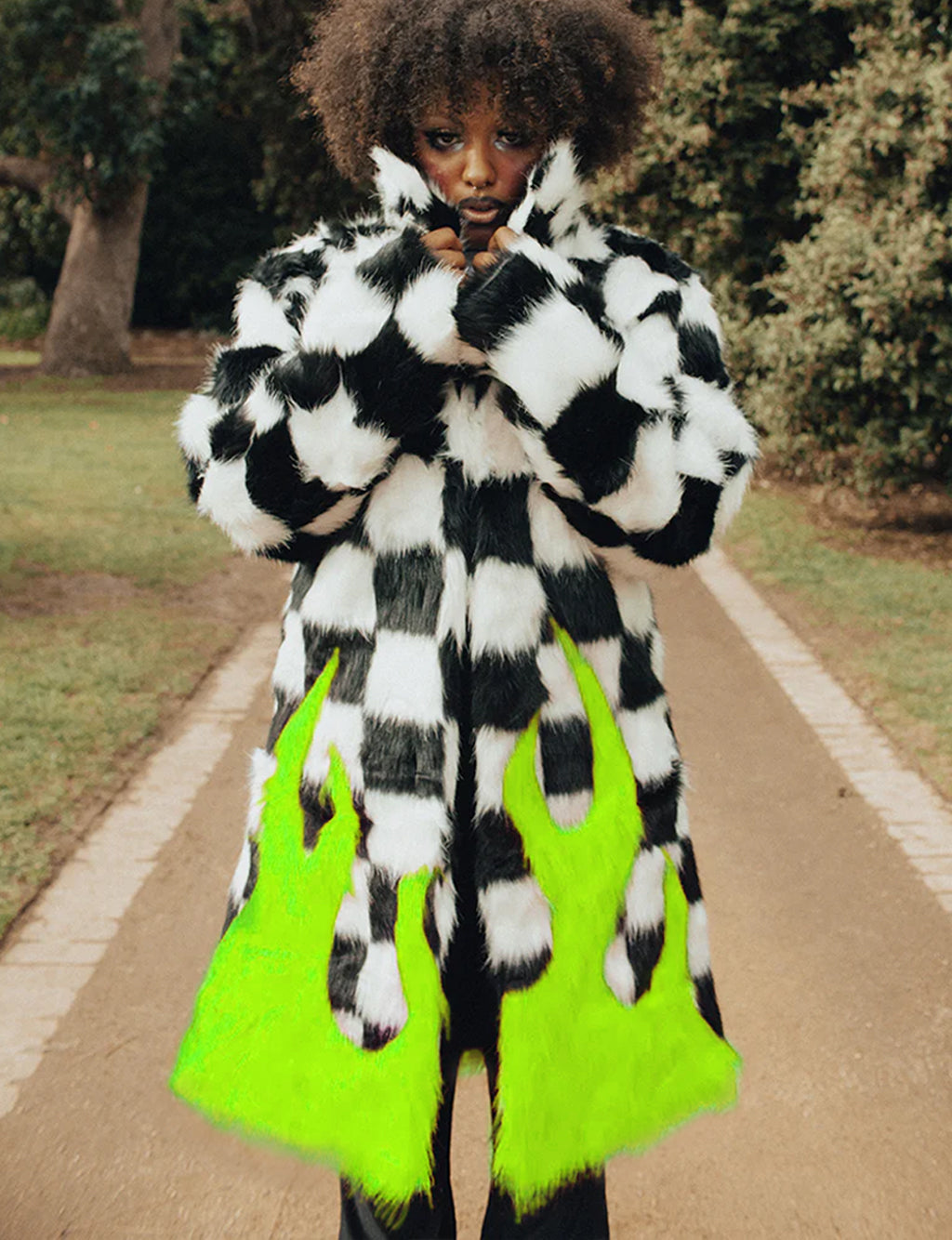 TOO HOT TO HANDLE FAUX FUR JACKET - CHECK/ GREEN FLAME ✰ MADE 4 U ✰