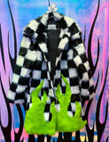 TOO HOT TO HANDLE FAUX FUR JACKET - CHECK/ GREEN FLAME • READY TO SHIP •