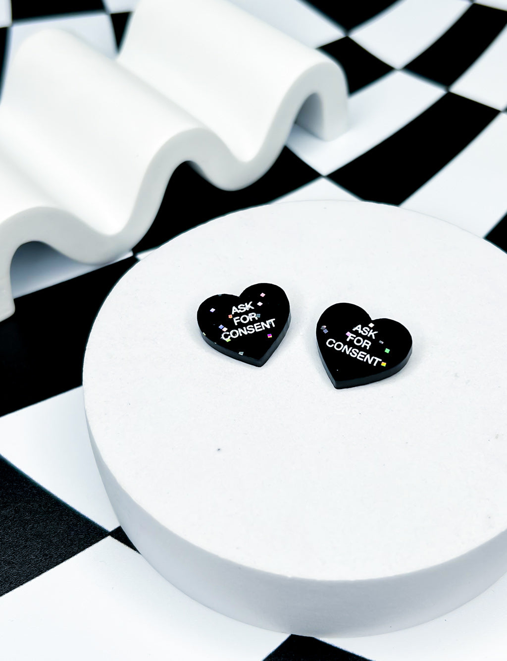 ASK FOR CONSENT HEART STUDS - BLACK GLITTER