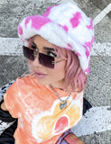 COW PRINT FUZZY HAT - HOT PINK