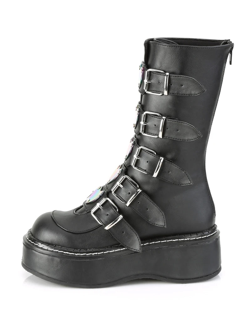 Demonia Emily 330 Black Patent Holo Platform Combat Boots – Punk, Goth, Mid-Calf, Heart Accents, Women's