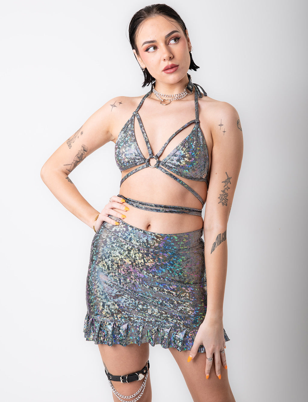 HOLOGRAPHIC FRILL SKIRT - SILVER DISCO BRAWL