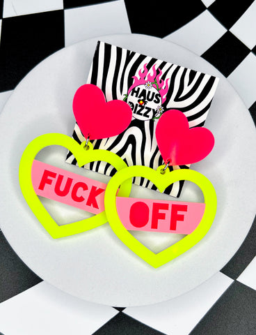 TWO EXTREMES HEART EARRINGS - NEON PINK & YELLOW - F*CK OFF