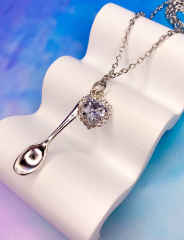 CRYSTAL HEART SPOON NECKLACE - SILVER