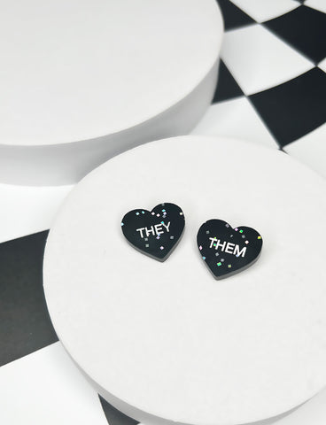 THEY/THEM HEART STUDS - BLACK GLITTER *BACK SOON SIGN UP*